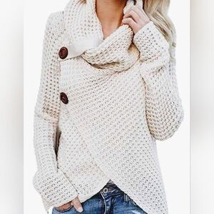 Miracle Cotton Blend Slouchy Neck Criss Cross Front Cozy Beige Sweater Sz M/L